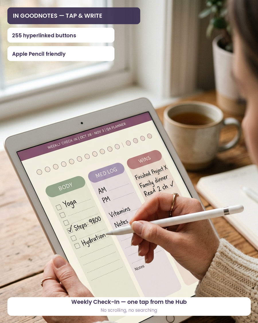 Writing on the Belluna Reset weekly check-in in GoodNotes on an iPad with an Apple Pencil